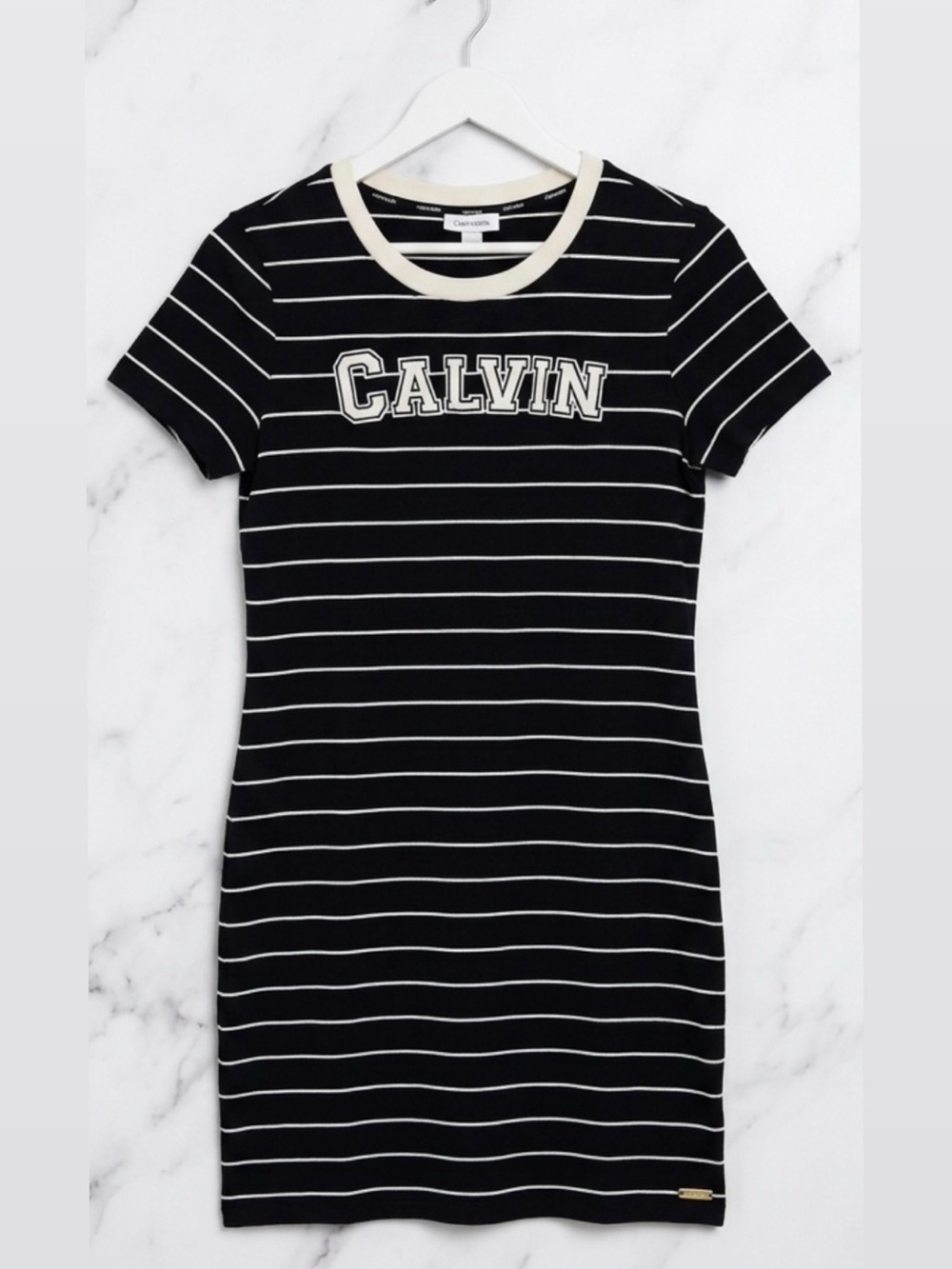 Calvin Klein Black and White Striped Logo Tee Dress